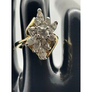 Vintage Ring Cubic Zirconia Cluster Marquis 14 KT. Gold Plated Yellow White Gold